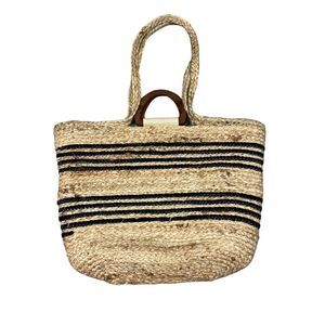 Magid Jute Straw Black Striped Accent Tote With Wooden Handles